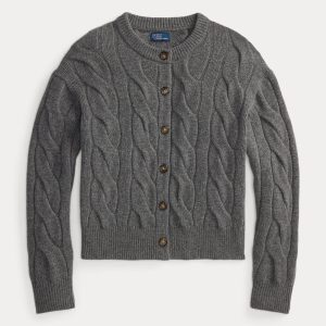 Grå Kabelstickad Cardigan i Ull/Cashmere